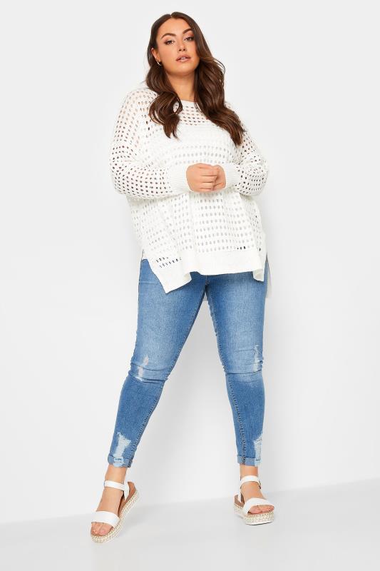YOURS Plus Size White Side Split Crochet Jumper | Yours Clothing 2