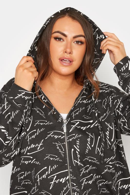 Plus Size Black 'Fearless' Zip Through Hoodie | Yours Clothing 4