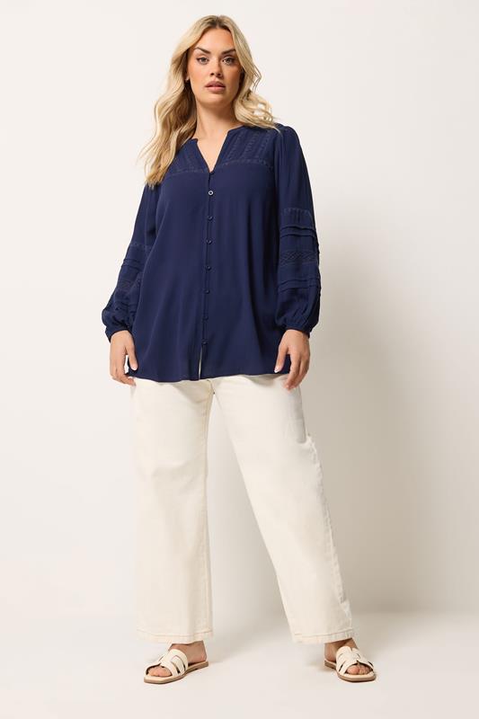 YOURS Curve Navy Blue Notch Neck Crochet Blouse | Yours Clothing  1