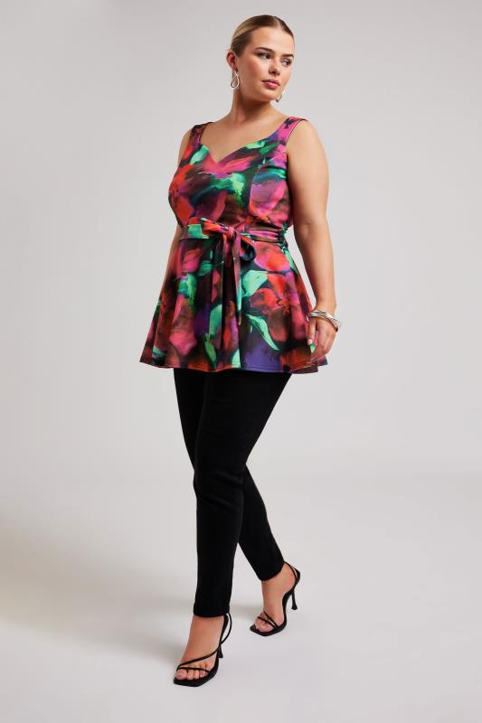 YOURS LONDON Plus Size Pink Abstract Floral Print Sleeveless Peplum Top | Yours Clothing 2