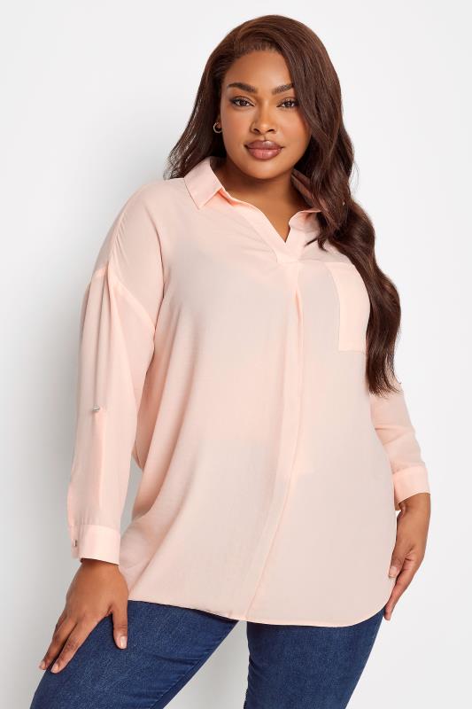 YOURS Plus Size Light Pink Half Placket Collared Blouse | Yours Clothing 1
