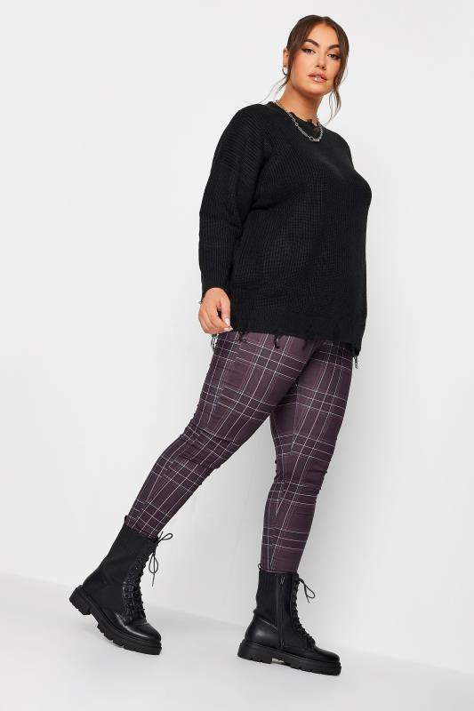 Plus Size Purple Check Leggings | Yours Clothing 3