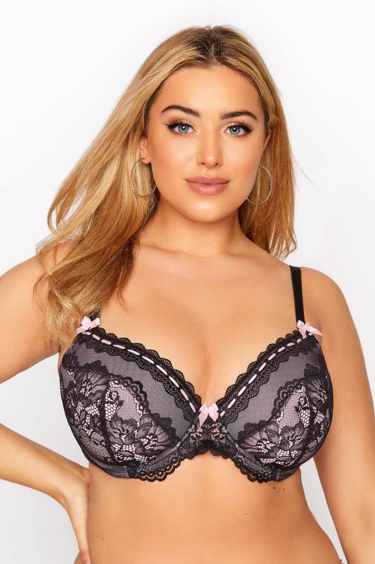 Plus Size Pink & Black Lace Trim Padded Underwired Balcony Bra | Yours Clothing 1