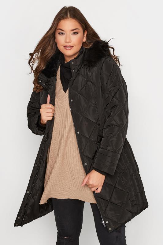 Curve Black Diamond Quilted Midi Puffer Coat | Yours Clothing 1