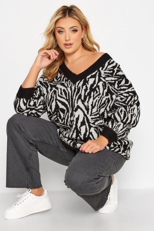 Plus Size Black & White Zebra Print V-Neck Jumper | Yours Clothing 2