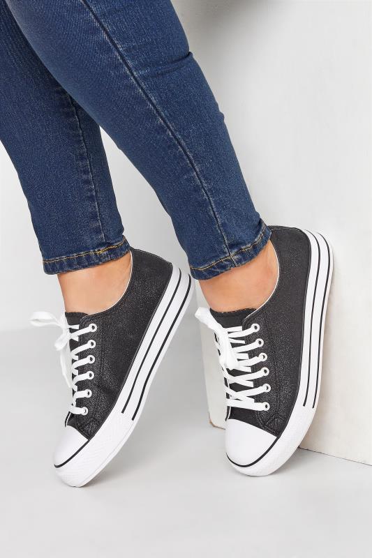 Plus Size  Yours Black Canvas Glitter Platform Trainers In Wide E Fit