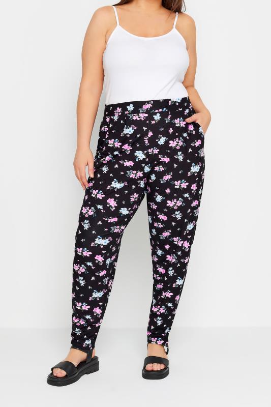 YOURS Plus Size Blue & Pink Floral Print Double Pleat Harem Trousers | Yours Clothing 1