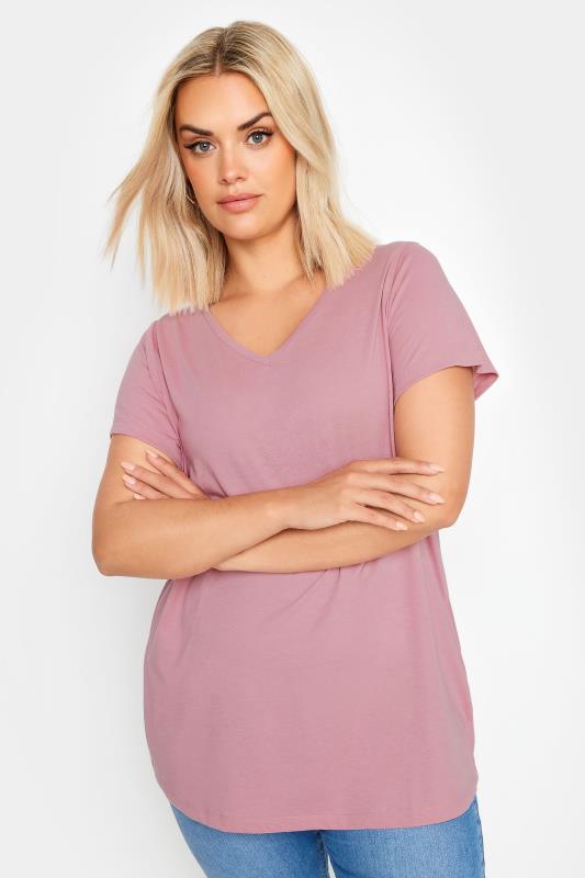 YOURS Plus Size Pink V-Neck Core T-Shirt | Yours Clothing 1