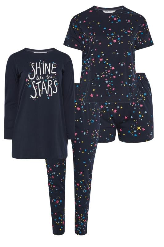 YOURS 4 PACK Plus Size Navy Blue Star Print Pyjama Set | Yours Clothing 9