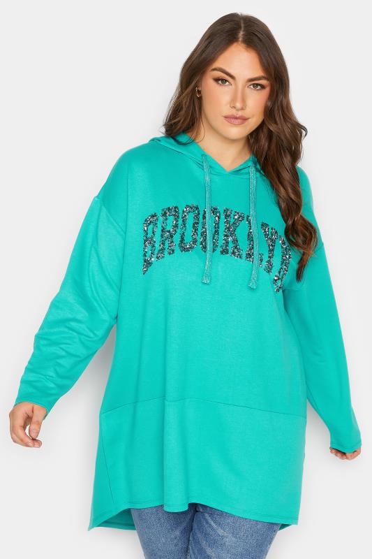 YOURS Plus Size Curve Turquoise Green 'Brooklyn' Slogan Longline Hoodie | Yours Clothing  1