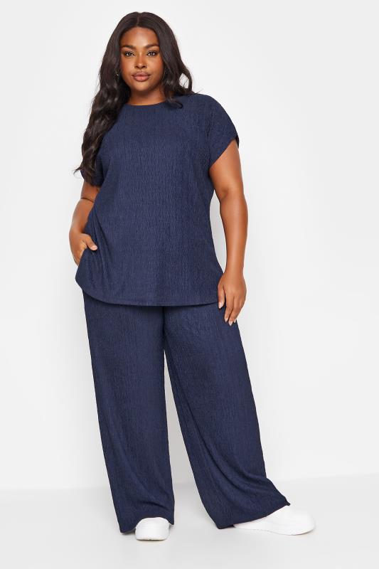 YOURS Plus Size Navy Blue Crinkle Plisse T-Shirt | Yours Clothing 3