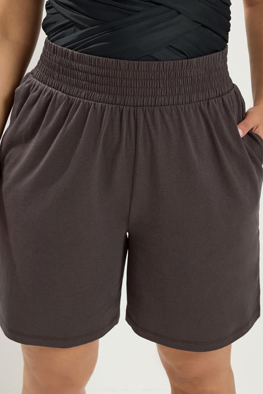 YOURS Plus Size Brown Shirred Waist Shorts | Yours Clothing 6
