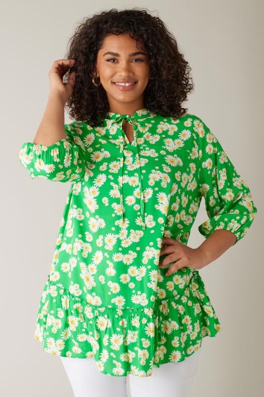 EVANS Curve Green Floral Tie Neck Blouse 1