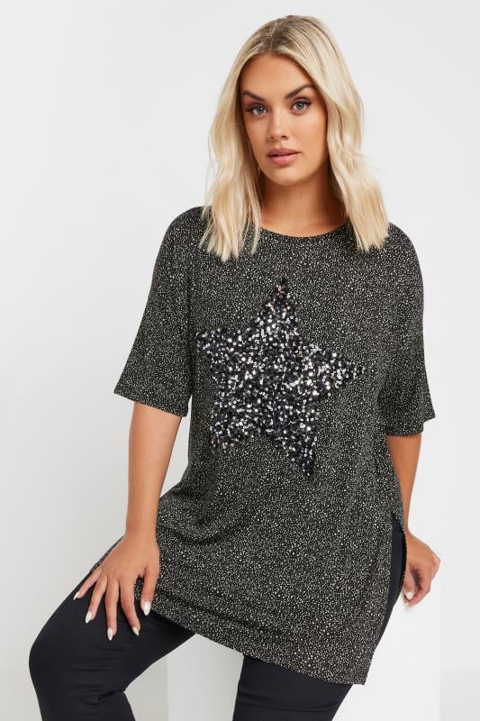  Grande Taille YOURS Curve Black Star Sequin Embellished T-Shirt