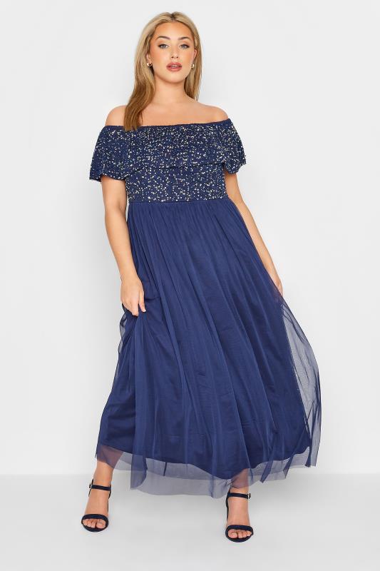 LUXE Plus Size Blue Bardot Hand Embellished Maxi Dress | Yours Clothing 1
