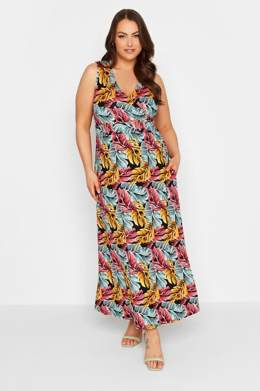 YOURS Plus Size Black Tropical Leaf Print Wrap Maxi Dress | Yours Clothing 1