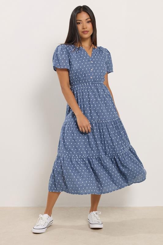 M&Co Petite Blue Dobby Tiered Maxi Dress | M&Co 1