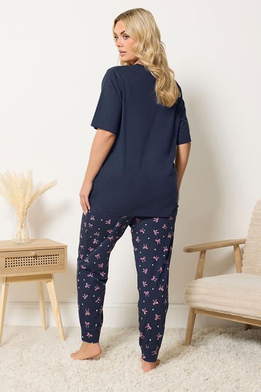 YOURS Plus Size Navy Blue Bow Print Pyjama Set | Yours Clothing 2