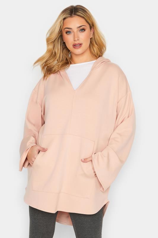 YOURS LUXURY Curve Plus Size Light Pink V-Neck Jersey Hoodie 1