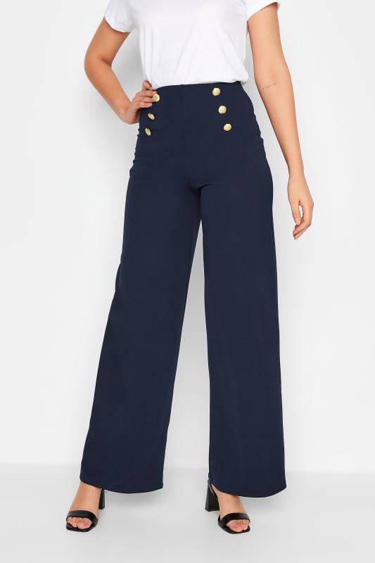 LTS Tall Navy Blue Button Wide Leg Trousers | Long Tall Sally  1