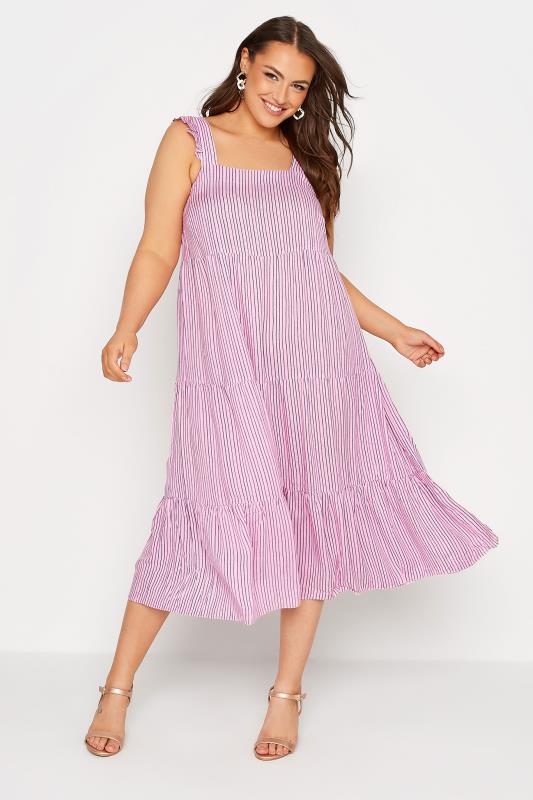  dla puszystych YOURS LONDON Curve Pink Stripe Frill Tiered Maxi Dress