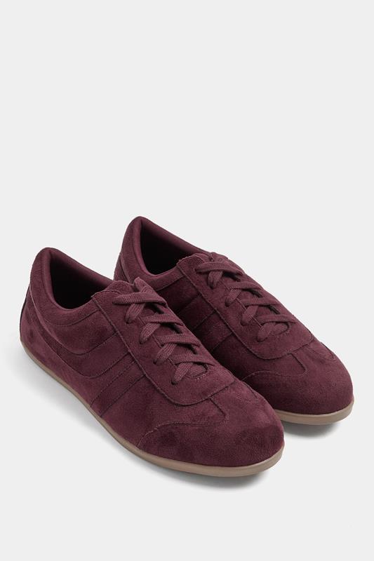 Burgundy Red Faux Suede Low Retro Stripe Trainers In Extra Wide EEE Fit | Yours Clothing 1