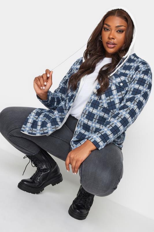YOURS Curve Blue Check Zip Through Hooded Shacket | Yours Clothing 2