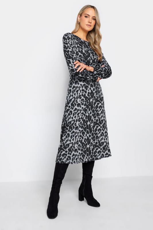 Tall  LTS Tall Charcoal Grey Long Sleeve Animal Print Midi Tea Dress