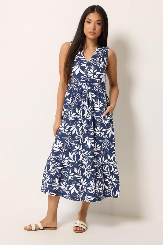 M&Co Petite Navy Blue Leaf Print Sleeveless Cotton Midi Dress | M&Co 1