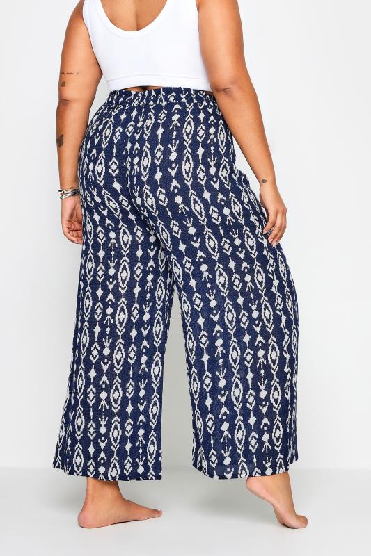 YOURS Plus Size Navy Blue Ikat Print Crinkle Tassel Trousers | Yours Clothing 4