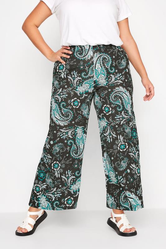 Plus Size Black & Green Paisley Print Stretch Wide Leg Trousers | Yours Clothing 1
