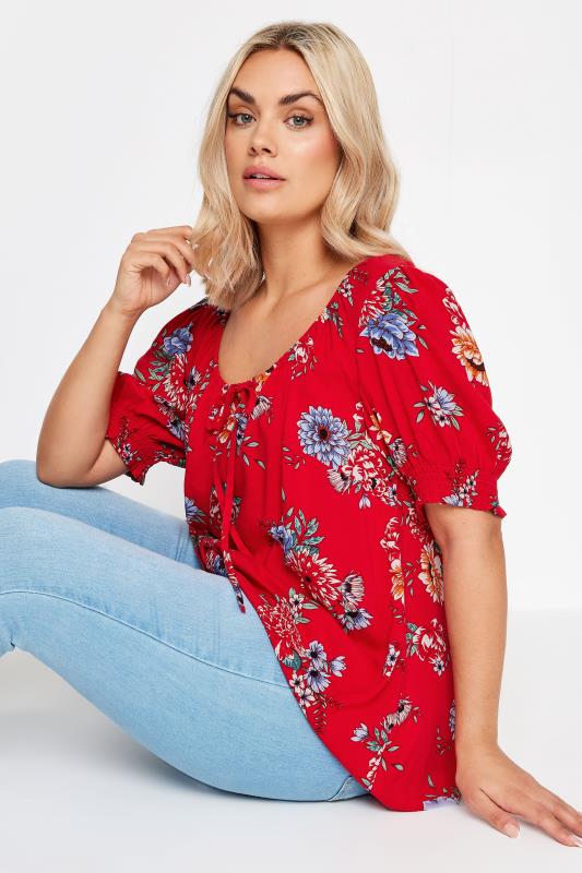 YOURS Plus Size Red Floral Print Tie Neck Top | Yours Clothing 4