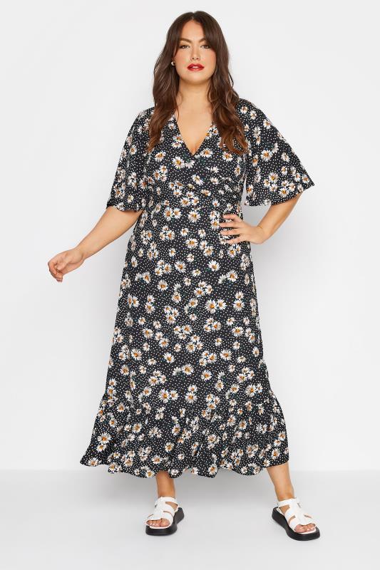  Grande Taille LIMITED COLLECTION Curve Black Daisy Floral Print Wrap Smock Maxi Dress