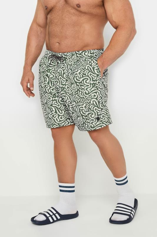  Grande Taille ESPIONAGE Big & Tall Olive Green Abstract Print Swim Shorts