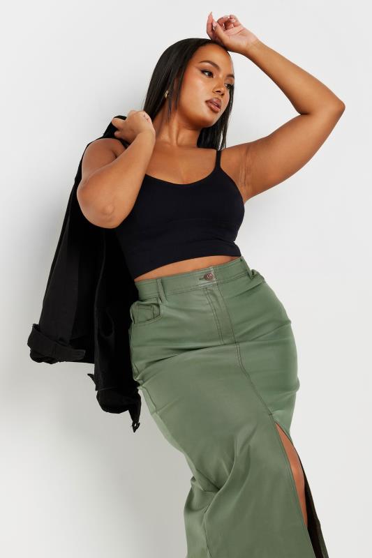 YOURS Plus Size Khaki Green Coated Split Hem Midaxi Skirt | Yours Clothing 4