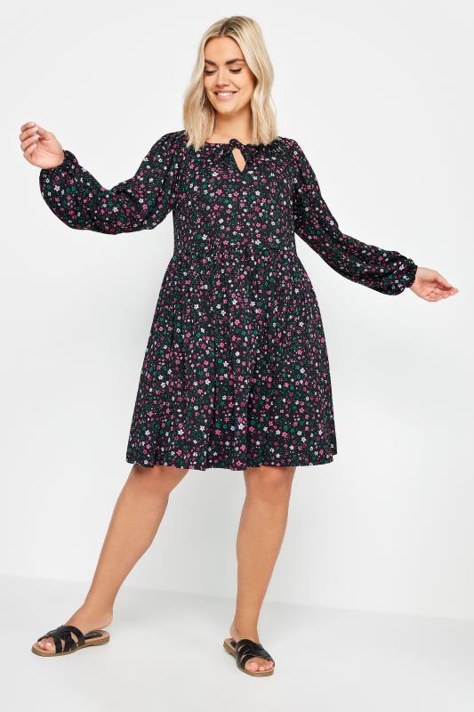  Grande Taille YOURS Curve Black Ditsy Floral Print Textured Midi Dress