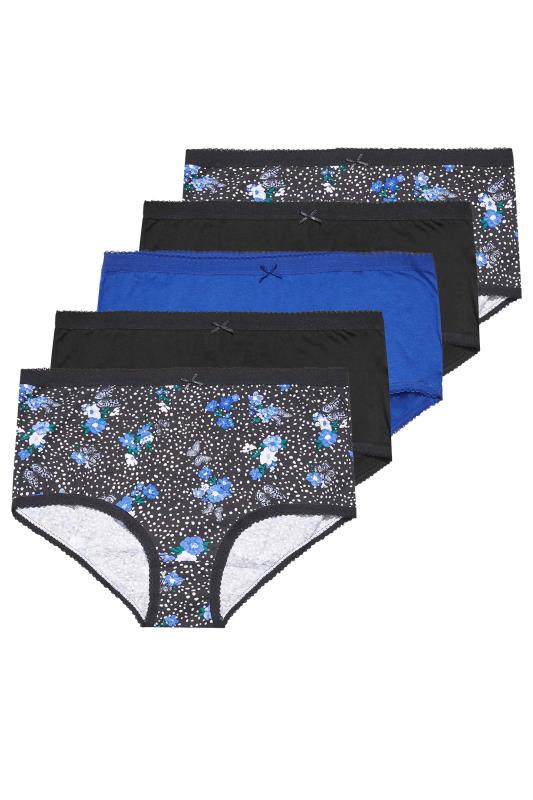 Plus Size 5 PACK Blue & Black Butterfly Floral Print High Waisted Full Briefs | Yours Clothing  3