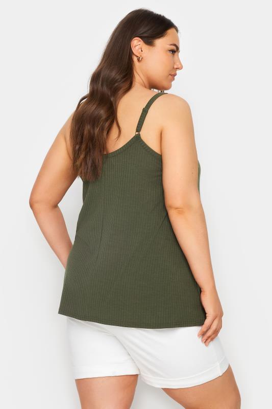 YOURS Plus Size Khaki Green Ribbed Button Front Cami Top | Yours Clothing 3