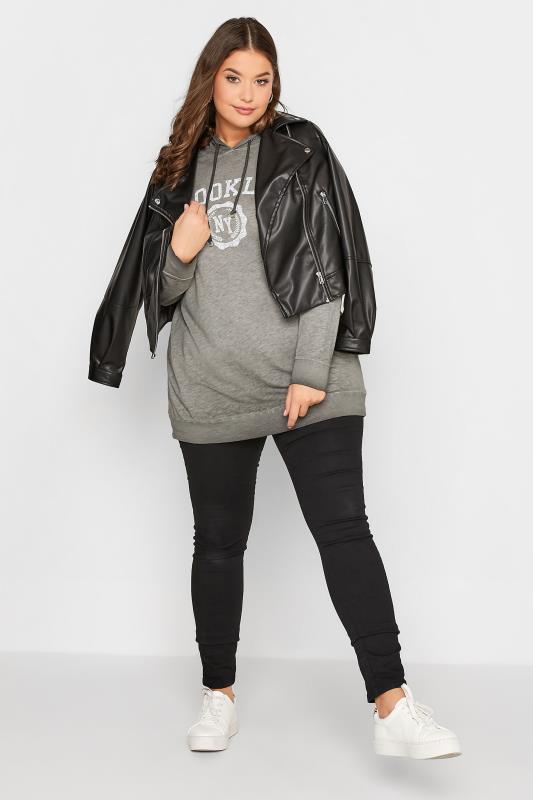 Plus Size Grey 'Brooklyn' Logo Hoodie Top | Yours Clothing 2
