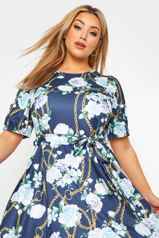 YOURS LONDON Curve Navy Blue Chain Floral Skater Dress 4