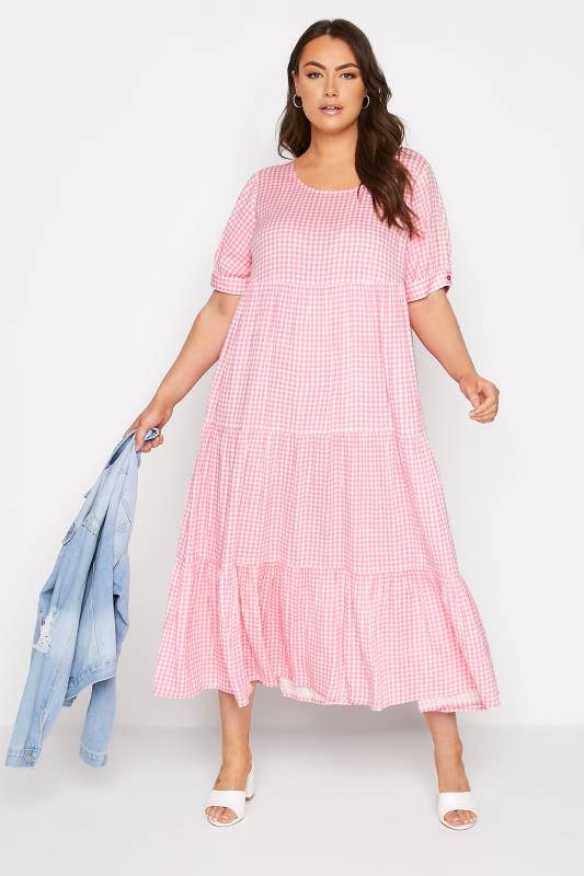 LIMITED COLLECTION Curve Pink Gingham Tiered Smock Dress_B.jpg