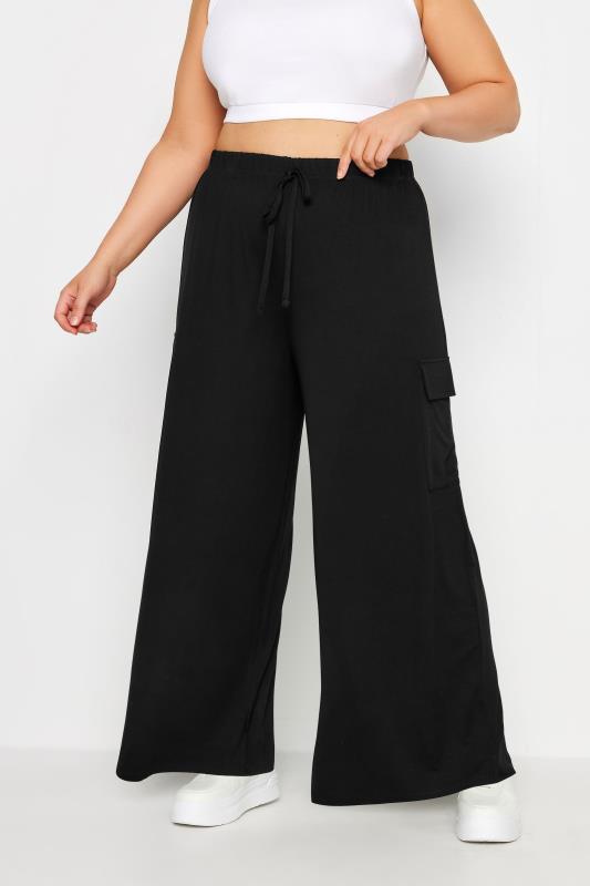 YOURS Plus Size Black Jersey Wide Leg Cargo Trousers | Yours Clothing 1