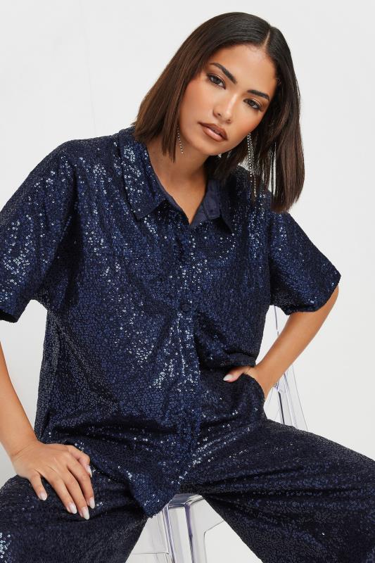 PixieGirl Petite Women's Navy Blue Sequin Embellished Short Sleeve Shirt | PixieGirl 2