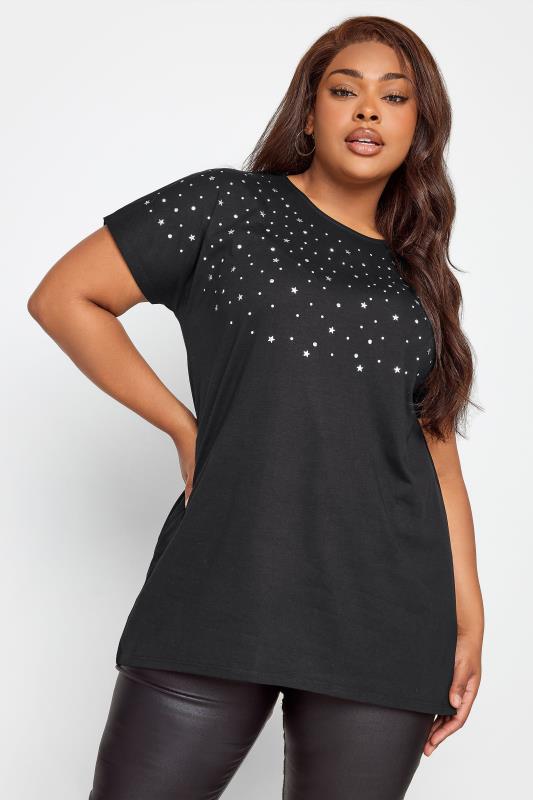 YOURS Plus Size Black Embellished Front T-Shirt | Yours Clothing 1