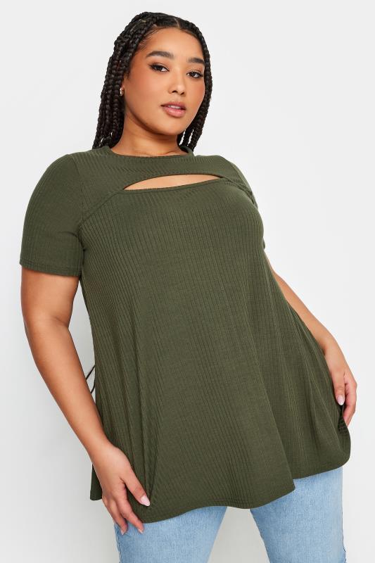 Plus Size  YOURS Curve Khaki Green Ribbed Cut Out T-Shirt