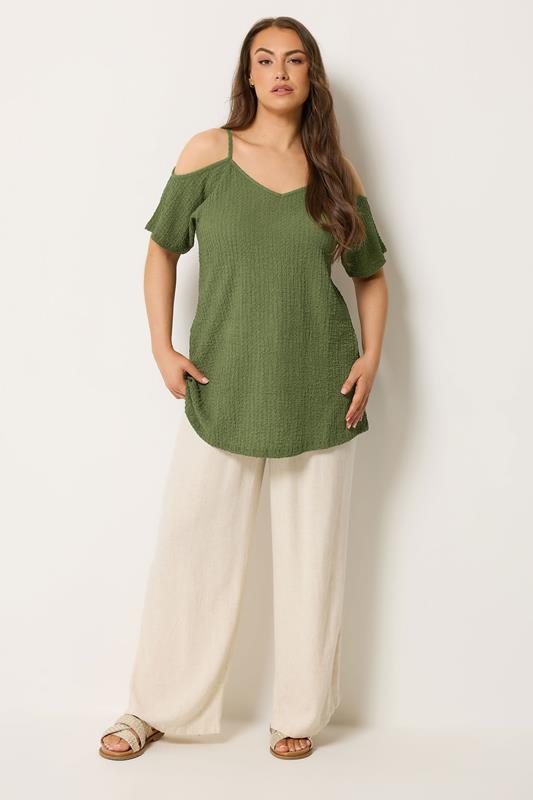 YOURS Plus Size Khaki Green Textured Cold Shoulder Top | Yours Clothing 1
