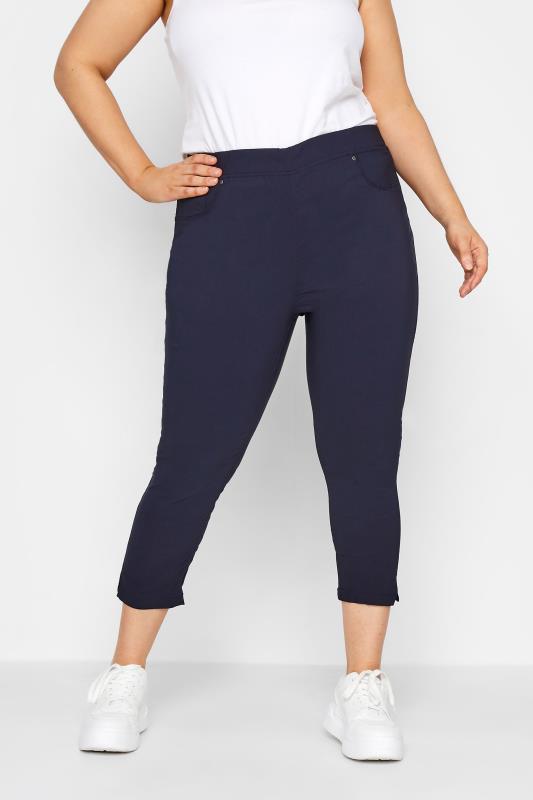 Plus Size Stretch Crops YOURS Curve Navy Blue Bengaline Stretch Cropped Pull On Trousers
