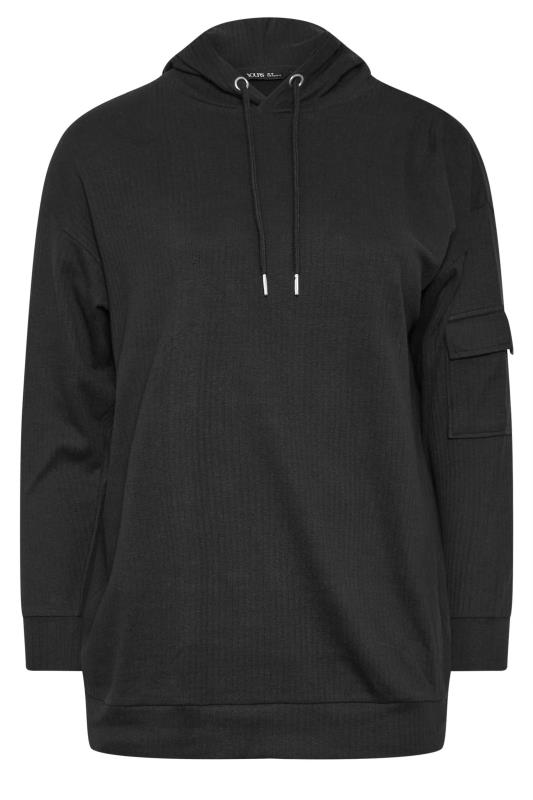 YOURS Plus Size Black Ribbed Cargo Hoodie | Yours Clothing 6
