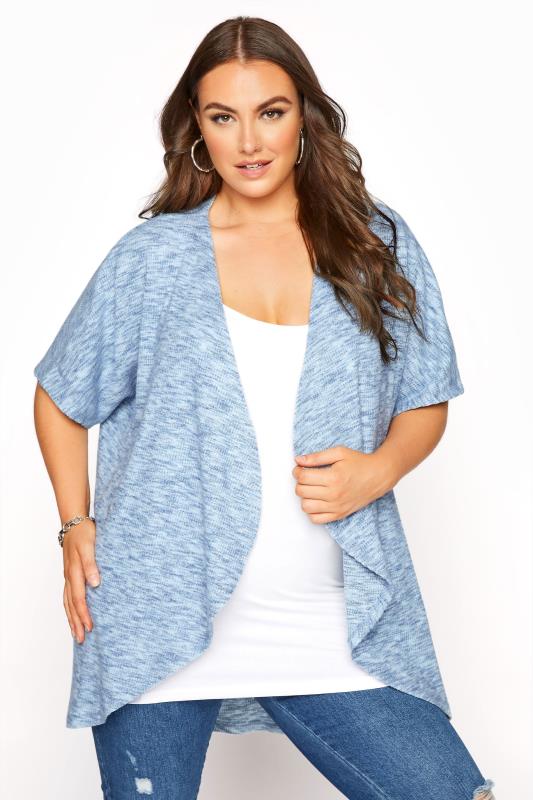 Plus Size  Blue Marl Waterfall Front Cardigan