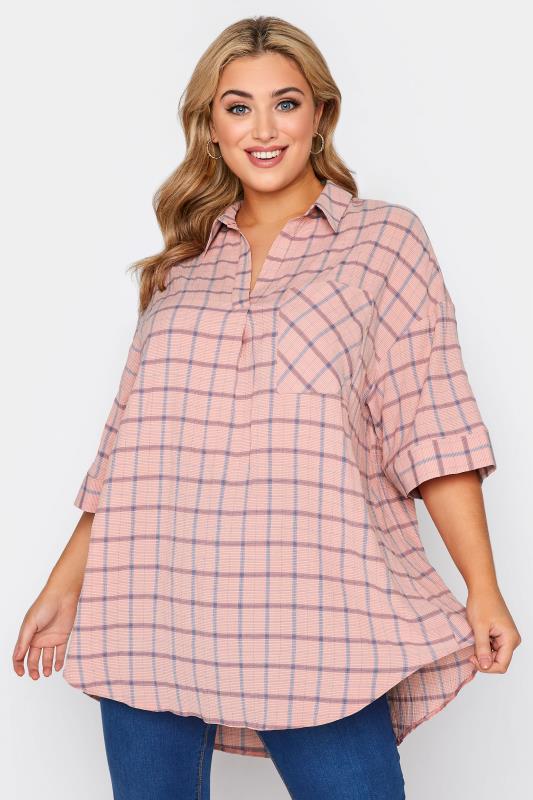  LIMITED COLLECTION Curve Pink Check Pleated Front Top